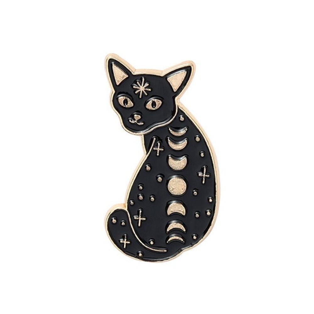 Black/Gold Moon Phase Egyptian Sphinx Cat Enamel Lapel Pin NWOT
